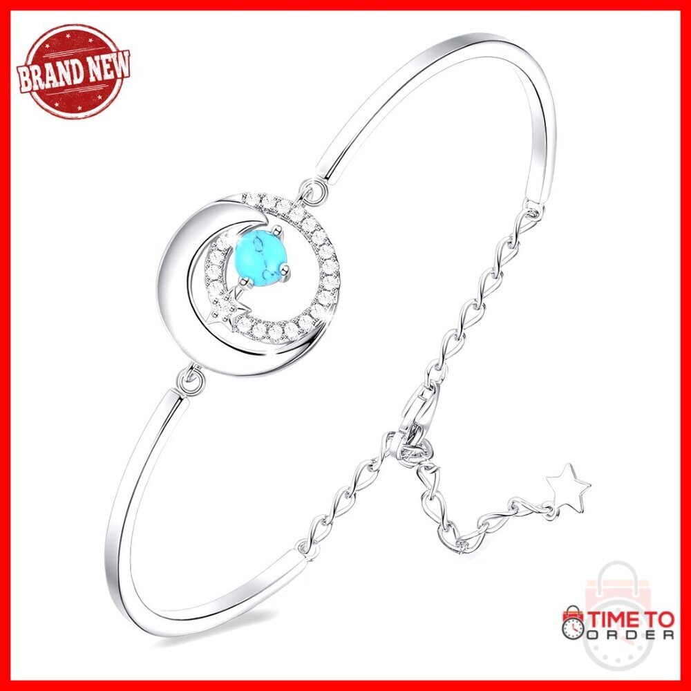 Sterling Silver Moon Star Bangle Bracelet Adjustable Chain Fine Jewelry Gift